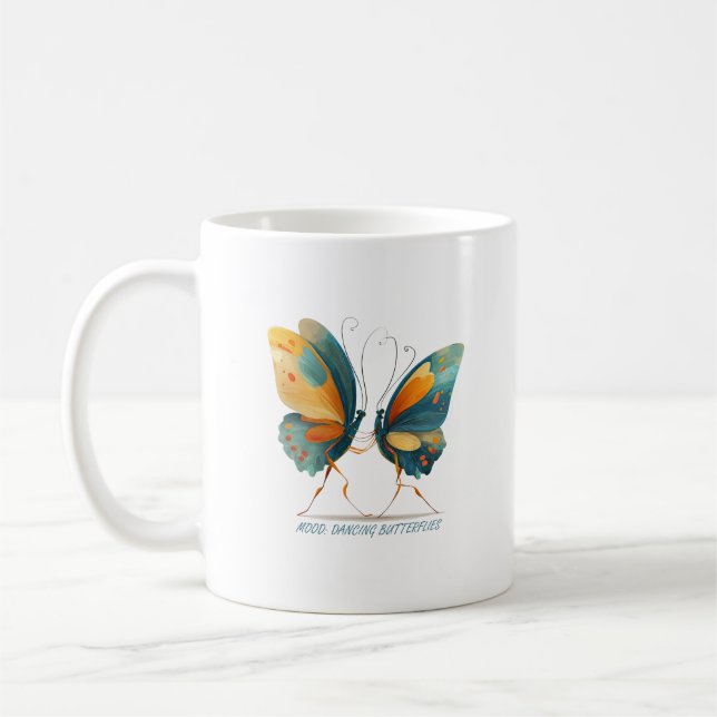 Två fjärilar dansar, färgade vingar.   kaffemugg (Vänster)