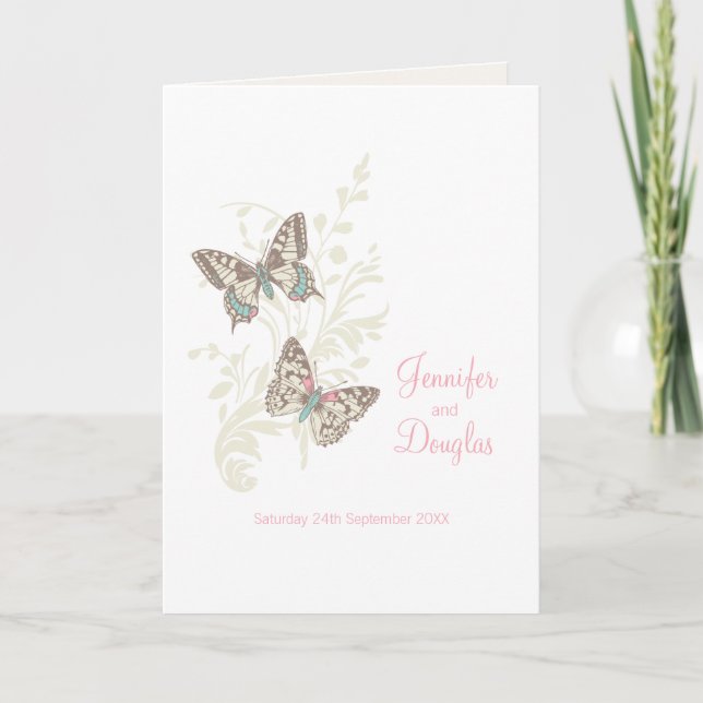 Två fjärilar rosa vita bröllopsprogram program (Framsida)