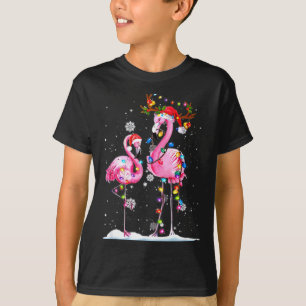 Två Flamingo Med Tomte Hatt Och Ljus God Jul T Shirt