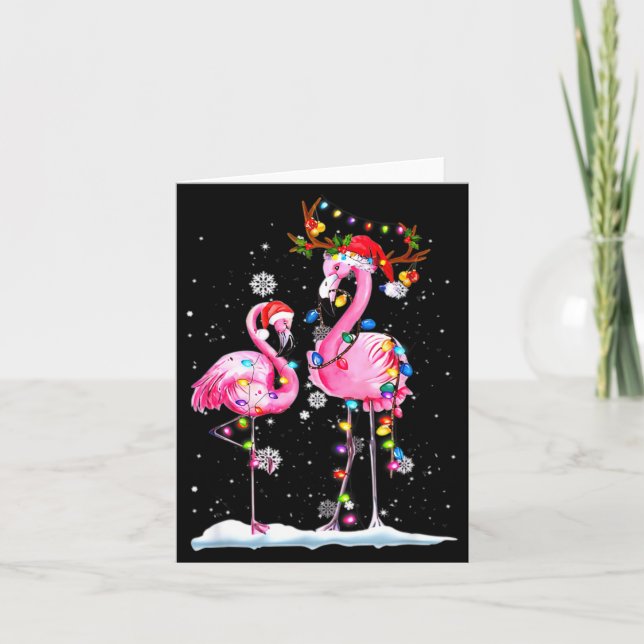 Två Flamingo Med Tomtehatt Och Ljus God Jul Kort (Framsida)