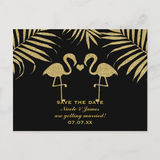 Två flamingos älskar svart & guld Save The Date-ko Meddelande Vykort (Framsida)