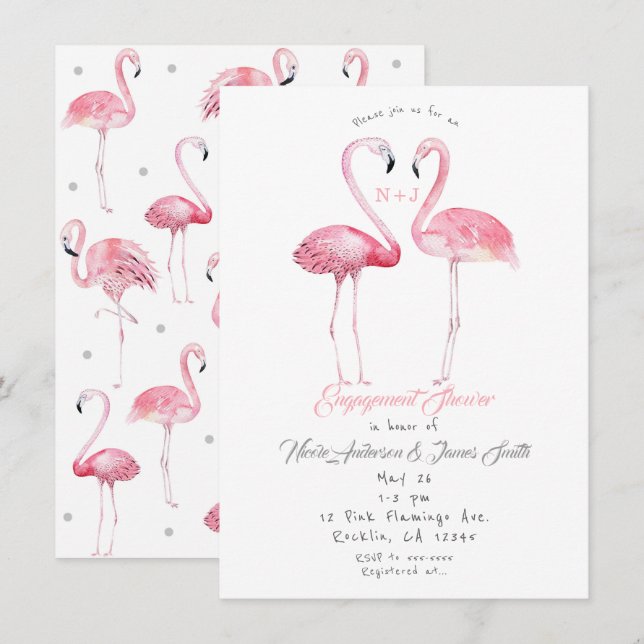 Två Flamingos Flamingo Förlovningsdusch Sommar Inbjudningar (Fram/baksida)