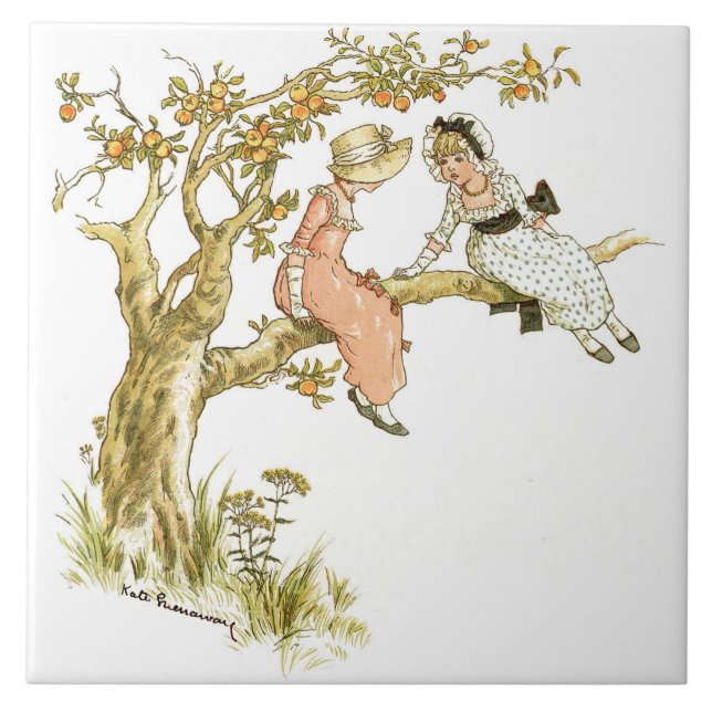Två flickor i Träd Kate Greenaway Kakelplatta (Framsidan)