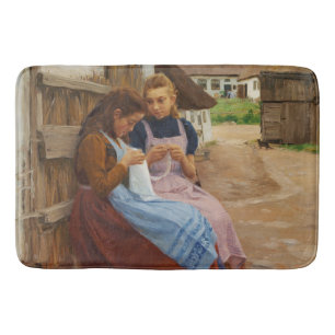 Två flickor med Needlework Sitta på en gårdsplan Badrumsmatta