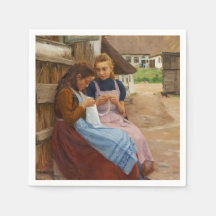Två flickor med Needlework Sitta på en gårdsplan