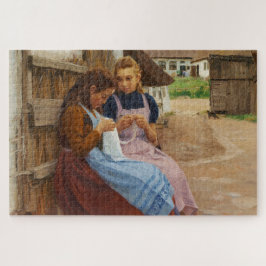Två flickor med Needlework Sitta på en gårdsplan Pussel