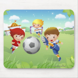 Två flickor och en pojke som leker fotboll musmatta