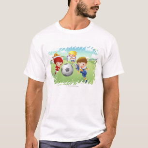 Två flickor och en pojke som leker fotboll t shirt