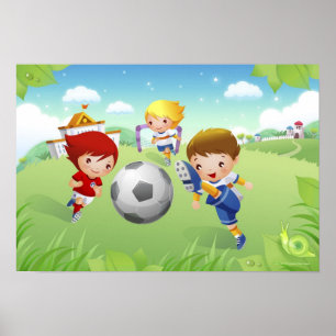 Två flickor och en pojke som spelar fotboll poster