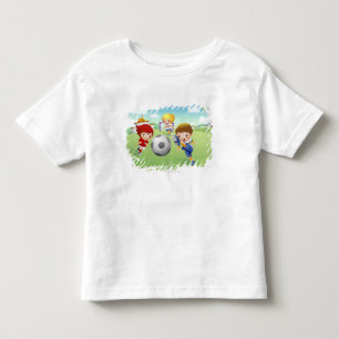 Två flickor och en pojke som spelar fotboll tee shirt
