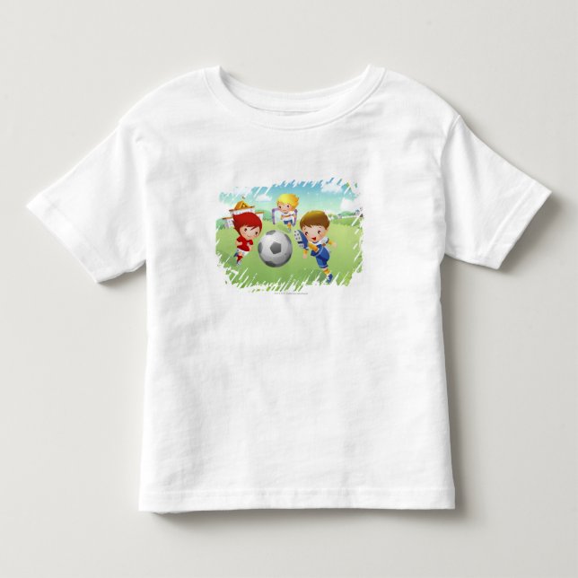 Två flickor och en pojke som spelar fotboll tee shirt (Framsida)