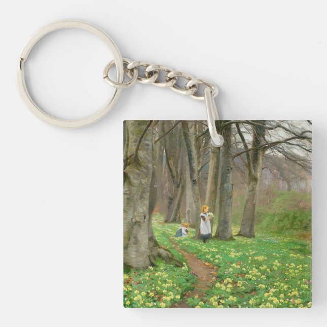 Två flickor plockar blommor i vår (Framsidan)