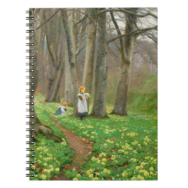 Två flickor plockar blommor i vår anteckningsbok (Framsidan)