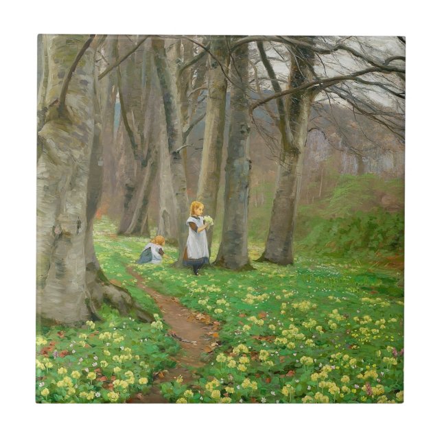 Två flickor plockar blommor i vår kakelplatta (Framsidan)
