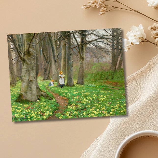 Två flickor plockar blommor i vår vykort (Skapare uppladdad)
