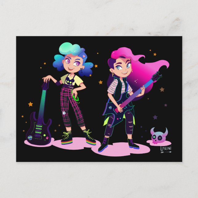 Två flickor spelar gitarrer vykort (Framsida)
