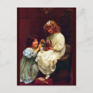 Två flickors Sisters Pet Hund Antique Painting Vykort