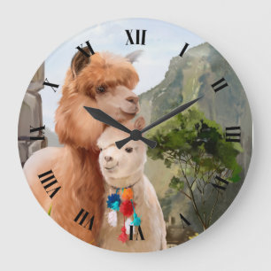 Två fluffy alpacas mot bakgrund av sjö stor klocka