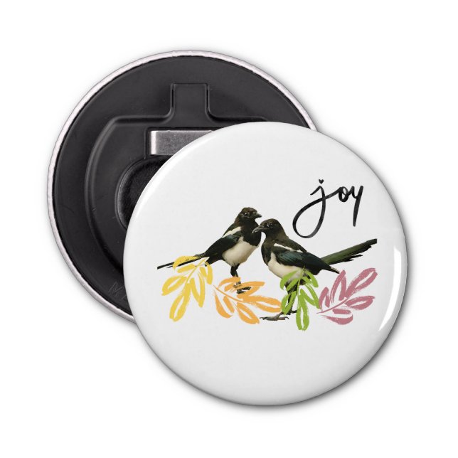 "Två för Joy" Magpier med färgstark blommigt Flasköppnare (Framsidan)