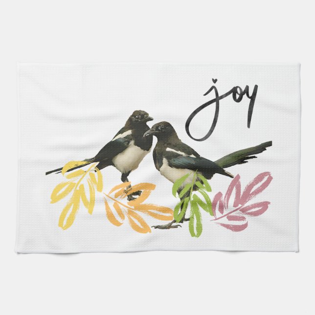 "Två för Joy" Magpies och Blommigtens dekorfärg Kökshandduk (Horisontell)