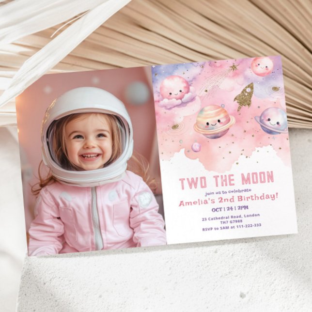 Två foto av Måne Girl rosa Space Birthday Inbjudningar (Skapare uppladdad)