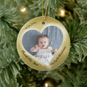 Två Foto Baby Första Julen Datum Hjärtformad Julgransprydnad Keramik