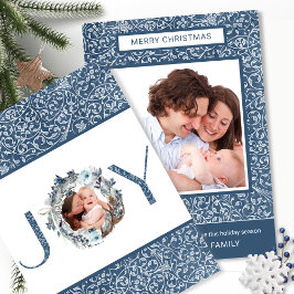 Två foto, Elegant Blue och Grått Swirl Mönster Julkort