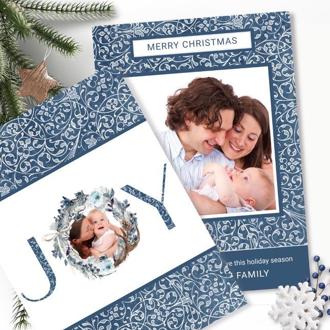 Två foto, Elegant Blue och Grått Swirl Mönster Julkort (Skapare uppladdad)