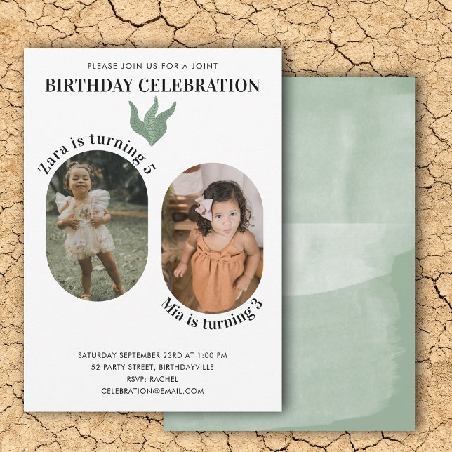 Två Foto Gemensam Födelsedag Vattenfärg Boho Grön Inbjudningar (Two Photo Joint Birthday Watercolor Boho Green Invitation)