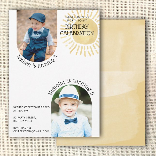 Två Foto Gemensam Födelsedag Vattenfärg Boho Inbjudningar (Two Photo Joint Birthday Watercolor Boho Invitation)
