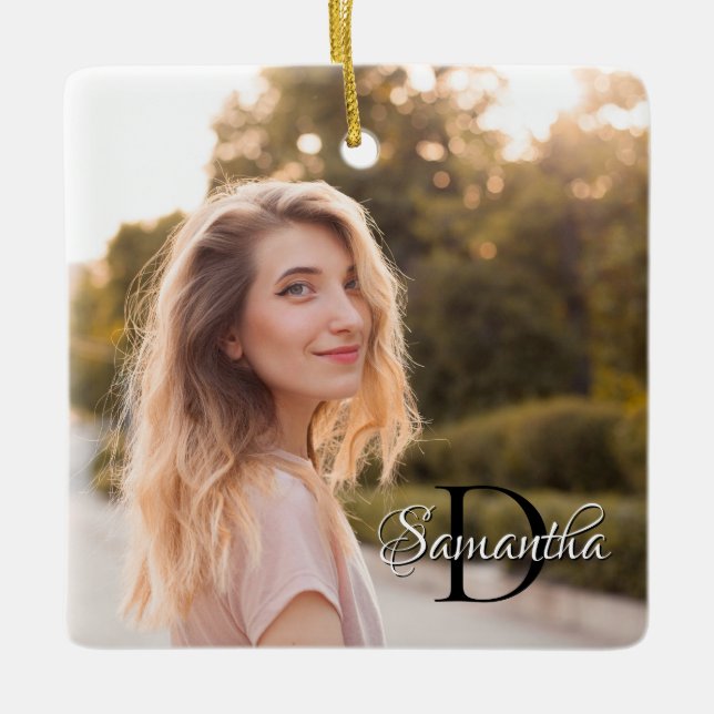 Två Foto Girly Chic Monogram Julgransprydnad Keramik (Framsida)