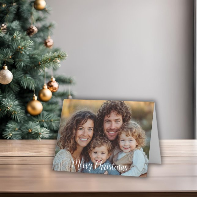 Två foto-God jul-Helgdag-mappade kort (Two Photo Christmas Card Folded with Merry Christmas words on front. Can be edited. Message inside)