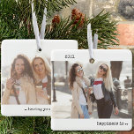 Två foto-lyckor är du som en vän med minimalistisk julgransprydnad keramik<br><div class="desc">Minimalistisk prydnad med dina anpassningsbar-foton och den moderna skrivskrivaren stil-typografi. Utformningen är dubbla-sidig och redot är inställt för att du ska kunna lägga till dina storleka fullt längst fram och bakåt. Året och formuleringen är fullt redigerbara - exempelformuleringen lyder "lycka är ...  att ha dig som vän".</div>