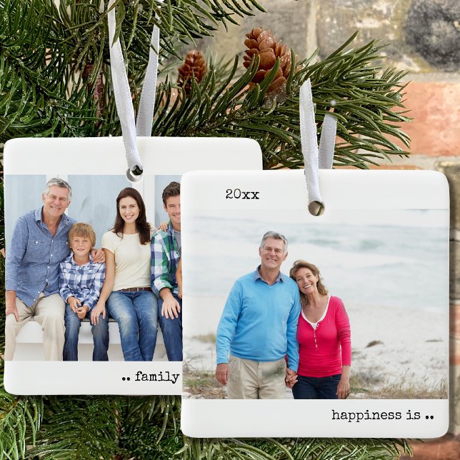 Två foto-lyckor är familjejul - minimalistisk julgransprydnad keramik (Happiness is family christmas .. double-sided keepsake ornament with photos on both sides)