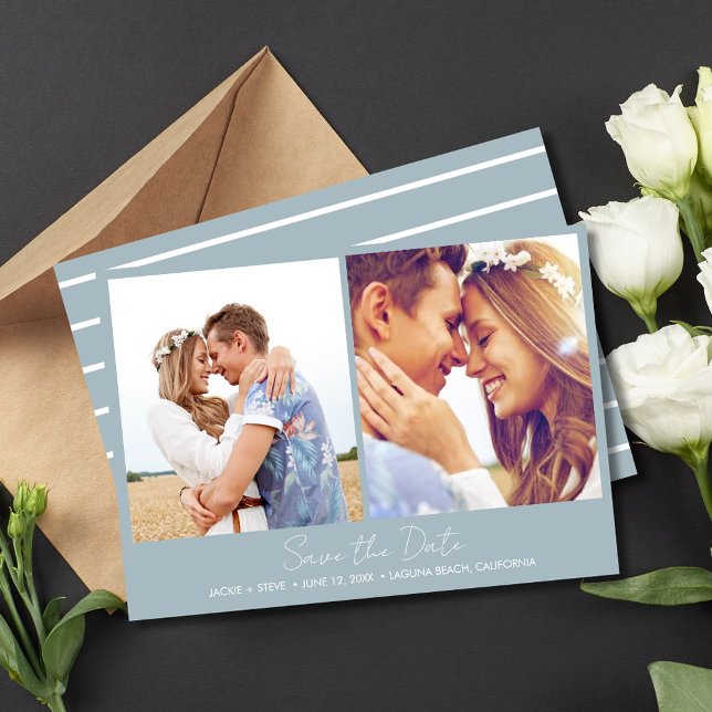 Två foto Nautical Rand Beach Wedding Spara Datumet (Two Photo Nautical Stripe Beach Wedding Save The Date)