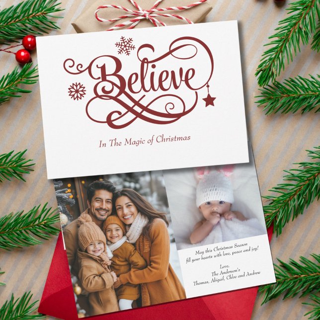 Två Foto Tro Röd Snöflingor Julkort (Believe Two Photo Christmas Card with personalized message)