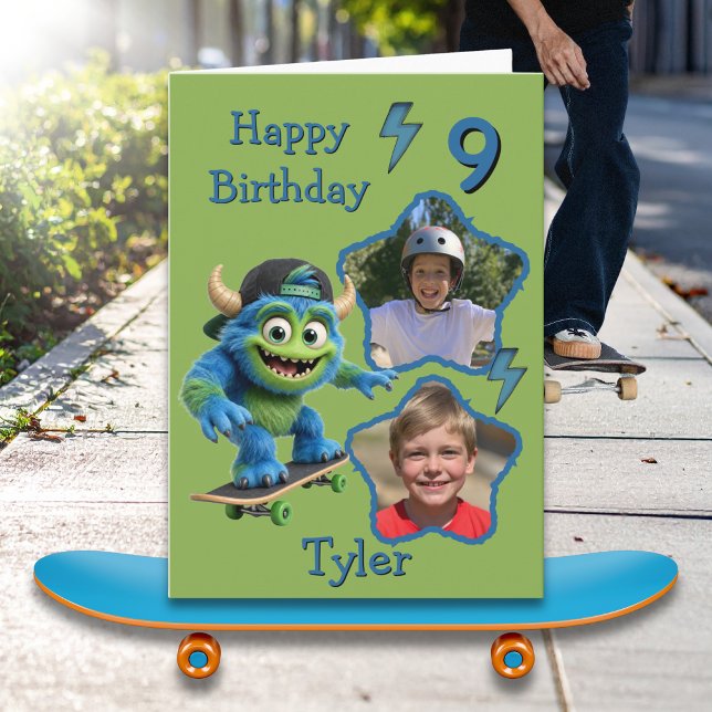 Två foton Monster på skateboard 9-års födelsedags  Kort (Skapare uppladdad)