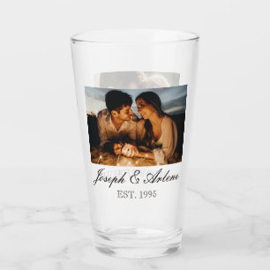 Två foton, Namn, datum och text   16oz Pint Glass Glaskopp