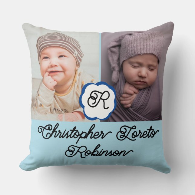 Två foton och fullständig namn och Monogram Pojke Kudde (Framsida)