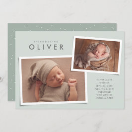 Två fotosamlingar av enkel grönt födelse meddelande