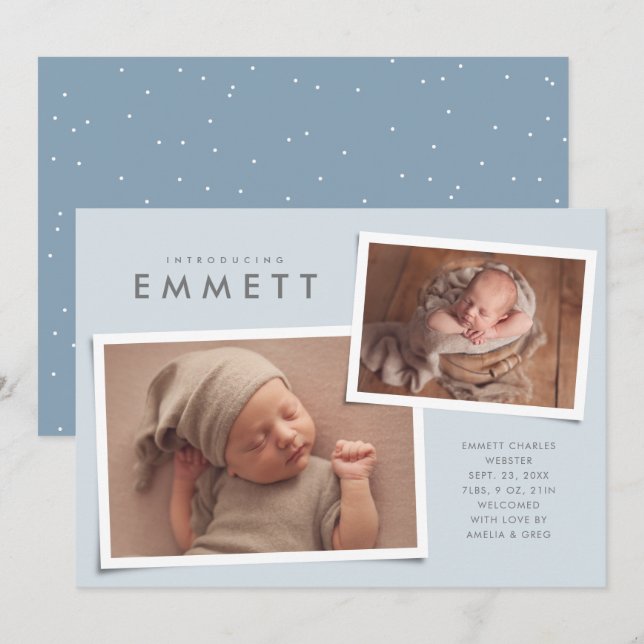 Två fotosamlingar av enkel typ blå födelse meddelande (Fram/baksida)