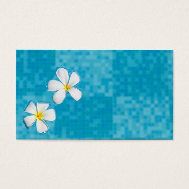 Två frangipanblommor i blå vatten visitkort (Framsidan)
