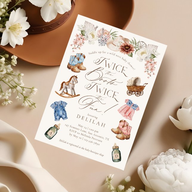 Två gånger Boots Twin Girl Boy Western Baby Shower Inbjudningar (Twice the Boots Twin Girl Boy Western Baby Shower Invitation)