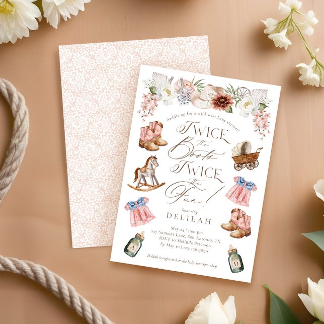 Två gånger Boots Twin Girls Westerna babystötare Inbjudningar (Twice the Boots Twin Girls Western Baby Shower Invitation)