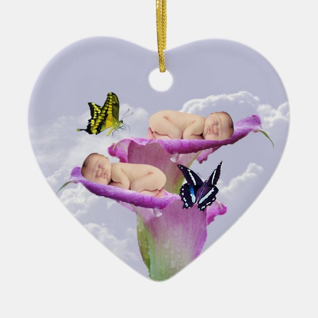 Två gånger glädjen med baby twillingar-julklappar julgransprydnad keramik (Framsidan)