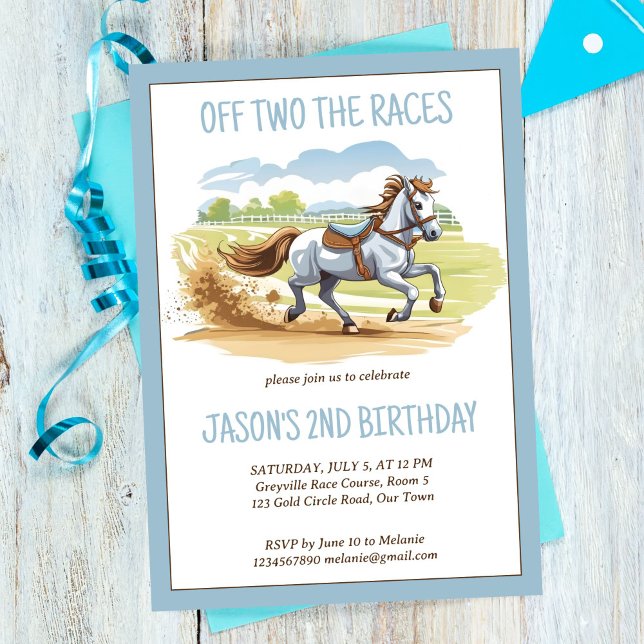 Två gånger på tävling häst ridsport ponny födelsed inbjudningar (Off two the races horse equestrian pony birthday party invitation template digital download)