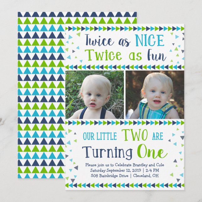 Två gånger som "Nice Twin Boy First Birthday" Inbjudningar (Fram/baksida)