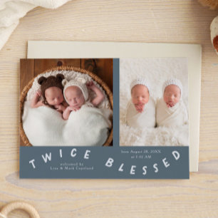 Två gånger välsignad typografi Slate Blue Birth Meddelande