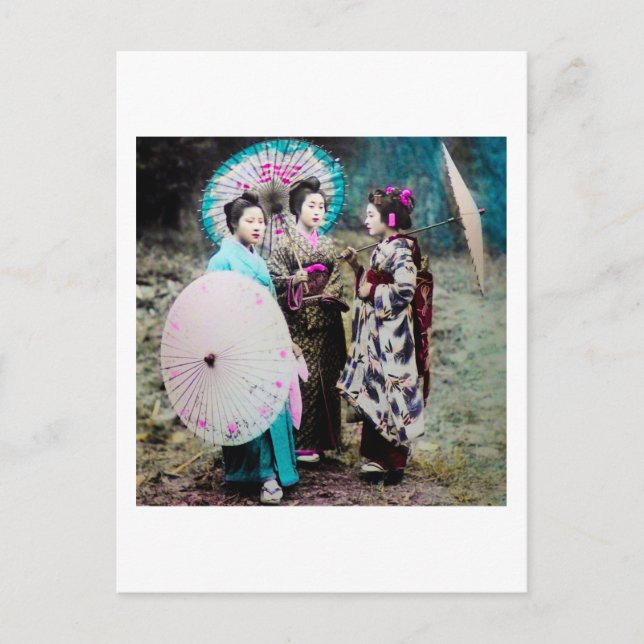 Två Geisha och en Maiko och Parasols Gamla Japan Vykort (Framsida)