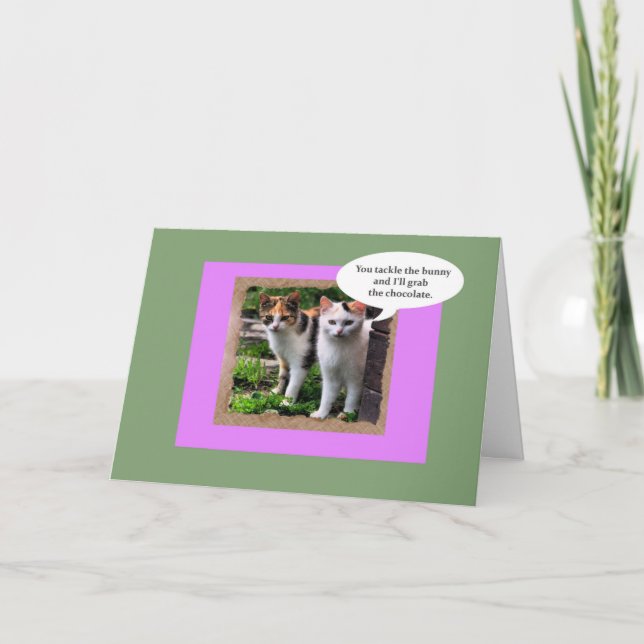 Två genomsnittliga katter tacklar påskharen helgkort (Framsida)